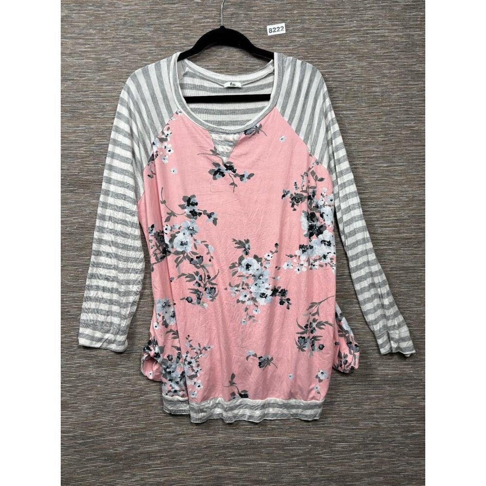 Egs Floral Tunic Top Women’s Size 1XL Pink Whit Gray Striped Long Sleeve